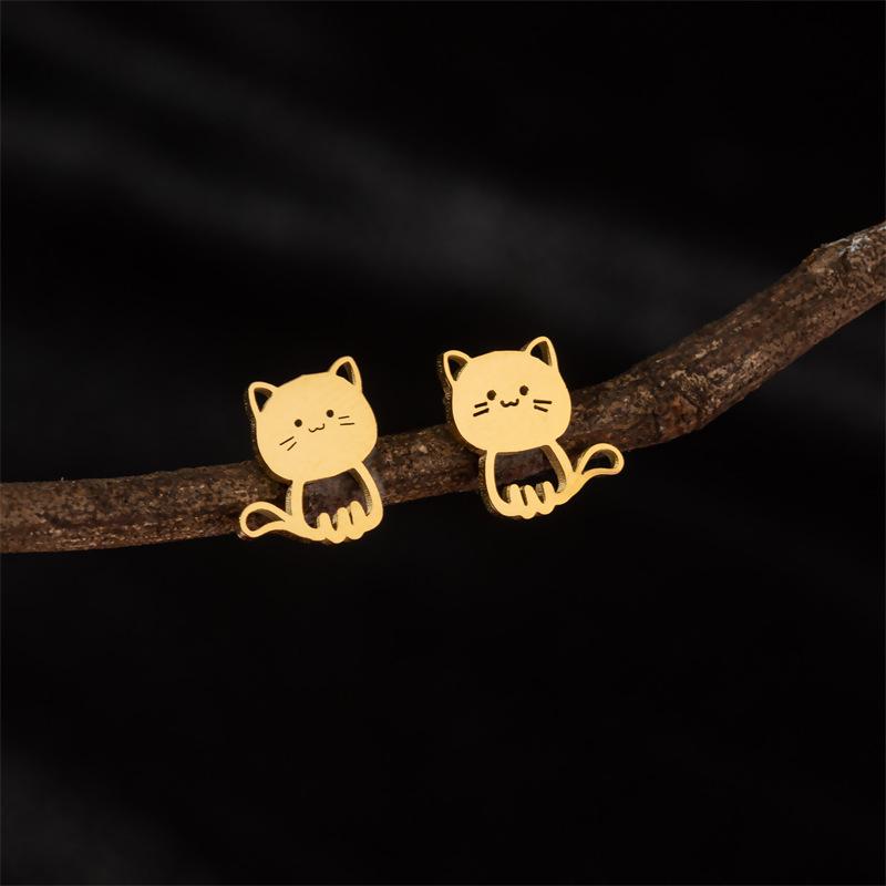 Boucles d'oreilles Puces Mignonnes Chaton Dessin Animé en Acier Inoxydable Coréen pour Filles