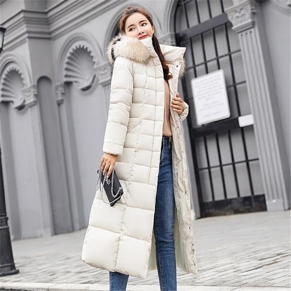 Giacca parka da donna alla moda invernale calda di media lunghezza con cappuccio casual, con collo in pelliccia rimovibile, per donna
