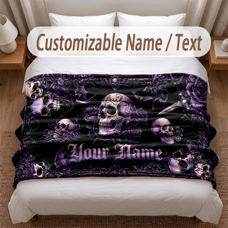 Skull Gothic Theme Soft Blanket Personalized Custom Name Text Print Warm Blanket Home Sofa Bedroom Decor