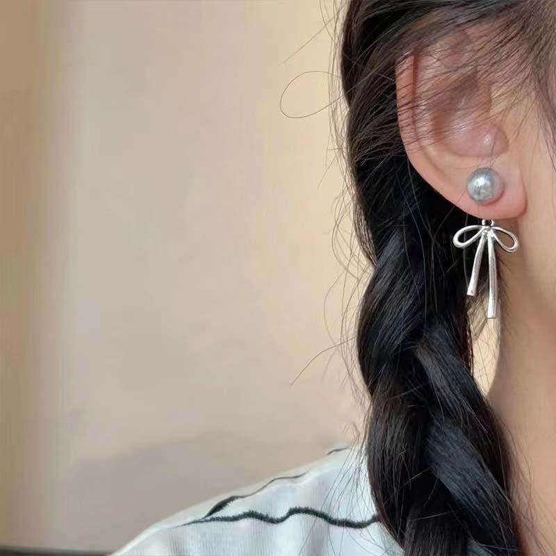 Náušnice pecky z imitace perel pro ženy Temperamentní náušnice s mašlí a střapcem Korejský trendy estetický design Svatba Šperky do uší