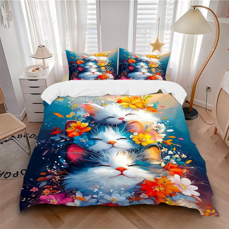 3pcs Two Cats Surrounded by Colorful Flowers Bedding Set - Includes Quilt Cover and Pillowcases, Suitable for All Seasons, Machine Washable
