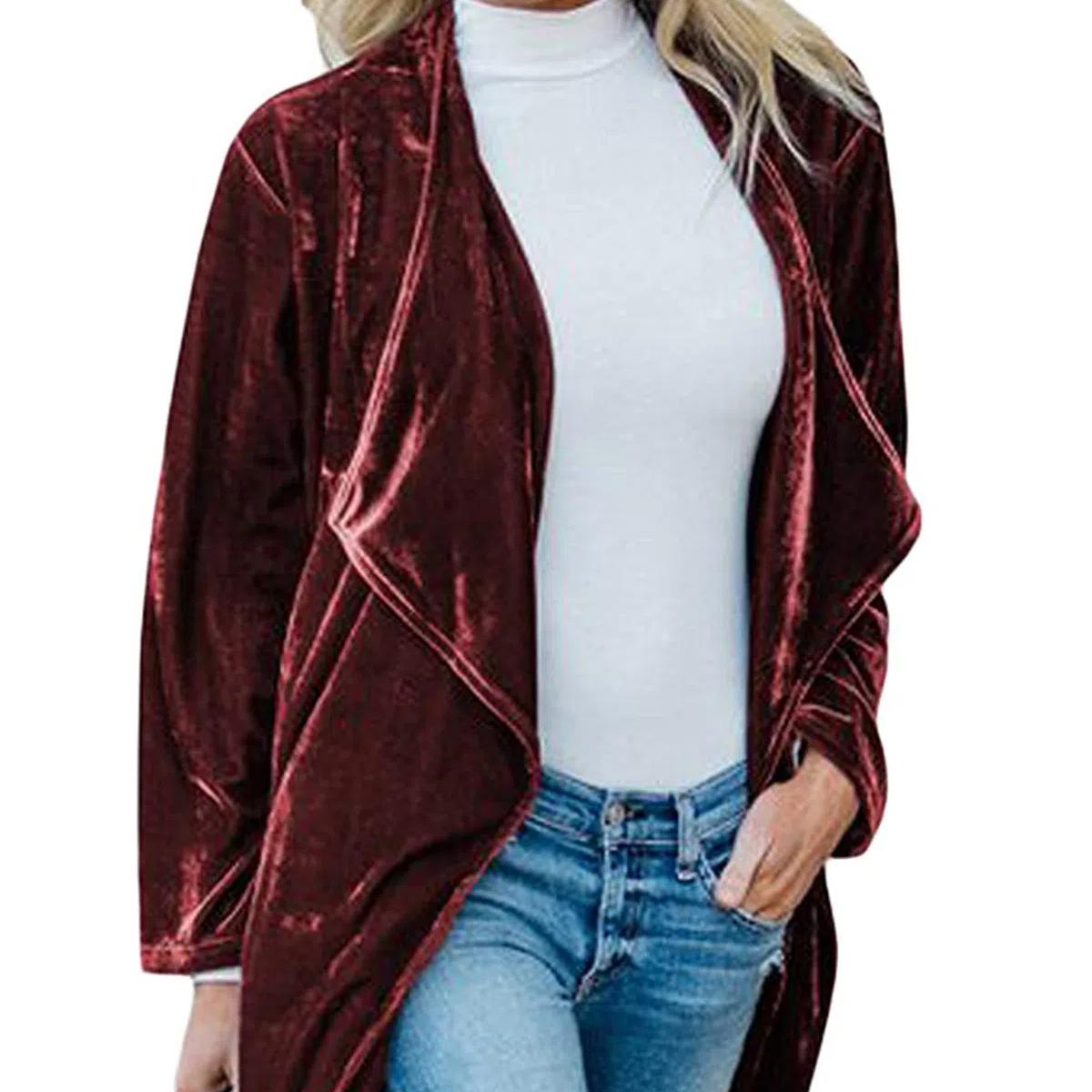 

Women s Solid Long Sleeve Velvet Jacket Open Front Cardigan Coat with Pockets Outerwear 2XL вина червоного кольору