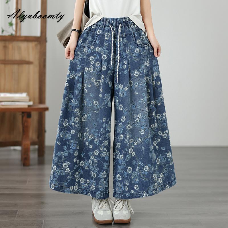 2026 Plus Size Summer Spring Women Wide Leg Jeans Elastic Waist Drawstring Blue Pink Floral Print Jeans Vintage Stylish Ladies' Denim Trousers