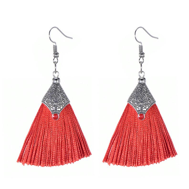 

Fashion Silk Fabric Tassel Earrings Bhoemian Fringed Red Blue Black Pink Green Vintage Statement Drop Dangle Earrings For Women красный