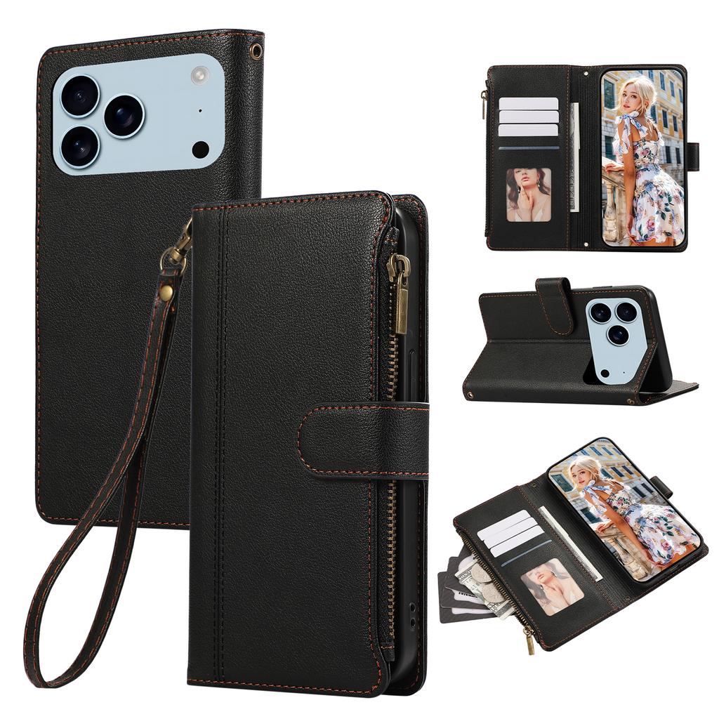 For iPhone 17 Pro Case Multi Card Slots Zipper Leather Phone Cover with Wrist Strap