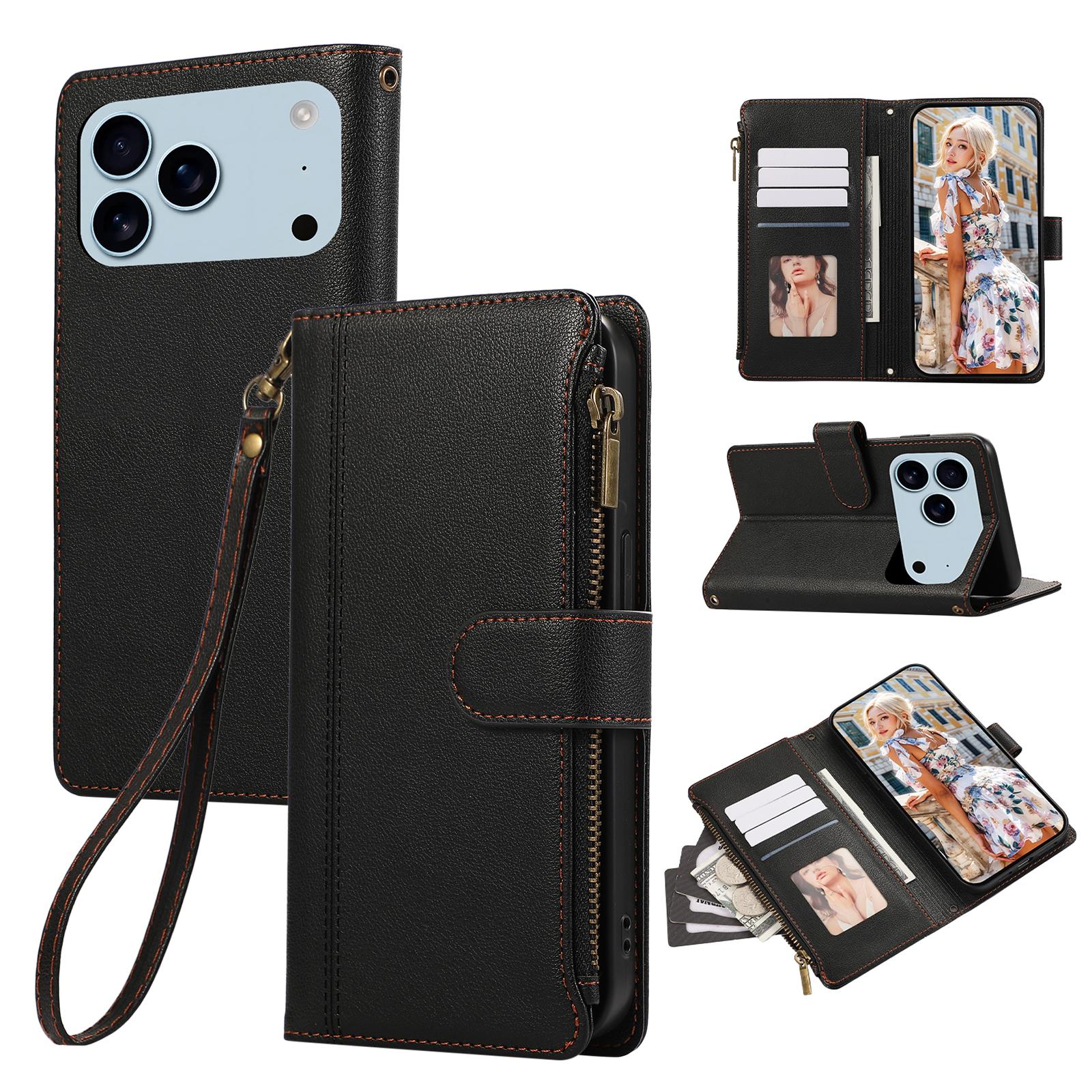 

For iPhone 17 Pro Case Multi Card Slots Zipper Leather Phone Cover with Wrist Strap Black