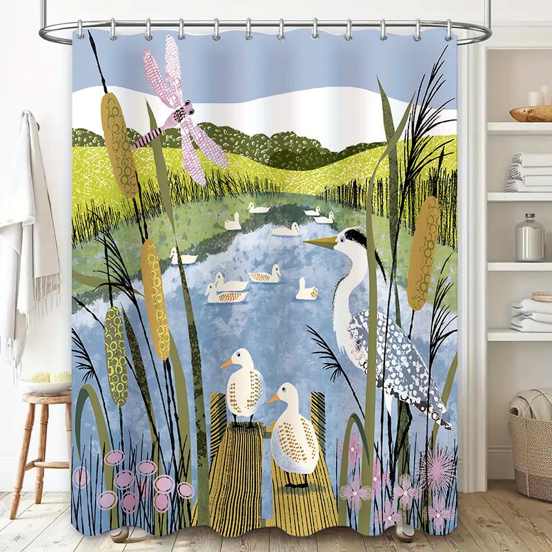 Elegant Nature Scene Shower Curtain With Vibrant Wildlife Illustration – Perfect For Creating A Relaxing Bathroom Ambiance W60H190(CM)-1 Pcs