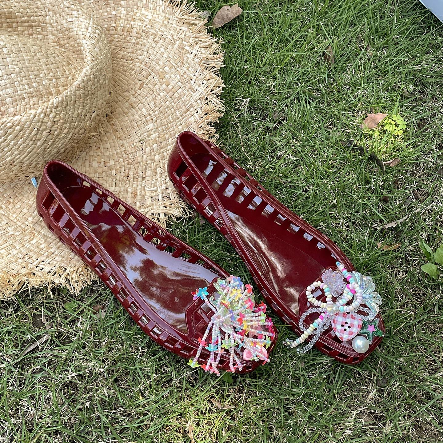 

Retro Xiaoxiangfeng popular bag head flat-soled sandals women s 2025 new summer outer wear Korean version of crystal jelly shoes 40 красный