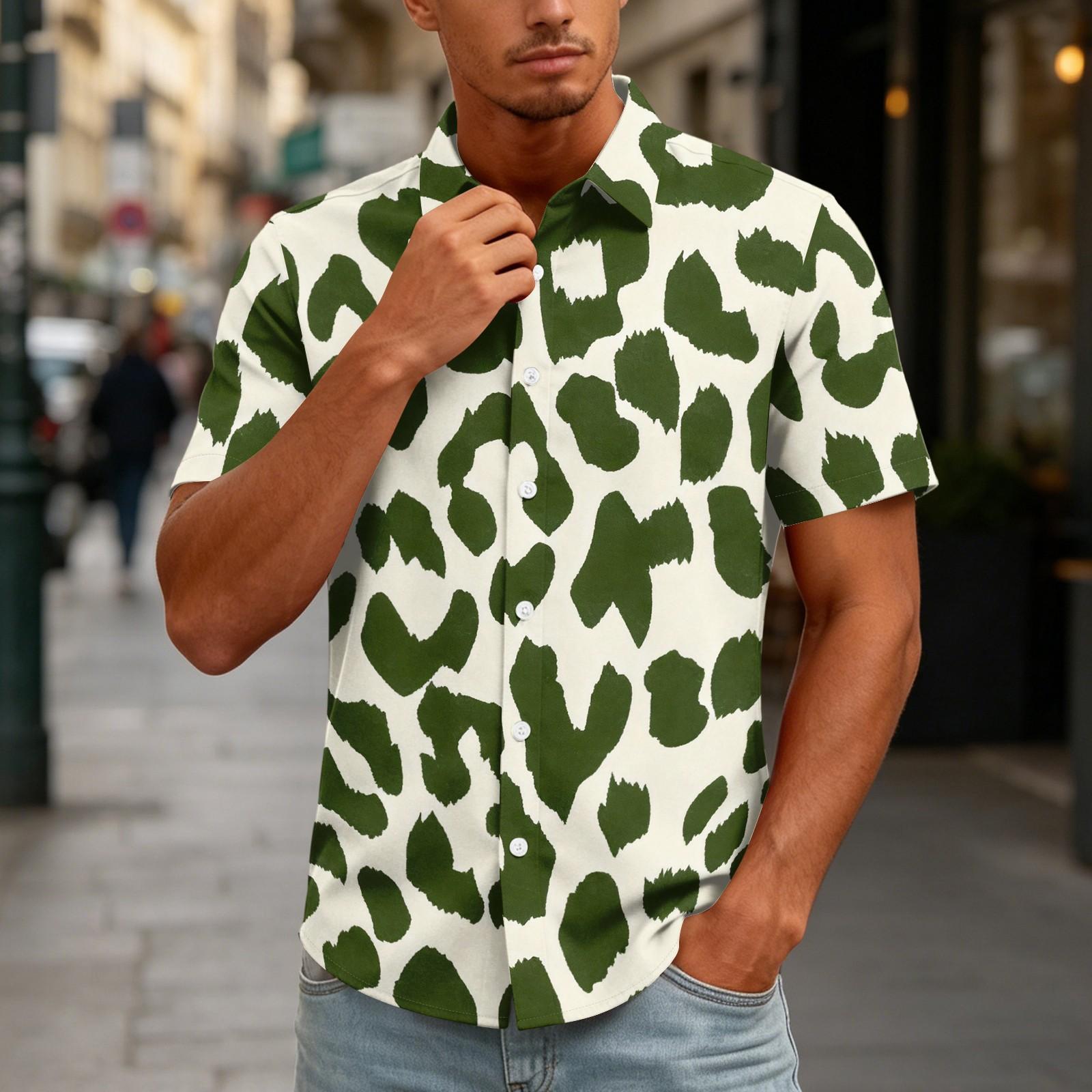 Men s Casual Short Sleeve Button Down Shirt Leopard Print Fashion Summer Vacation Relaxed Fit Shirt with Turn Down Collar XXXL зелёный