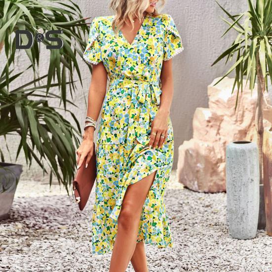 Women Summer Dress Flower Print A Line Loose Hem Patchwork Short Sleeves Irregular Short Sleeve Split Hem Lace Up High Waist Lady Midi Dress