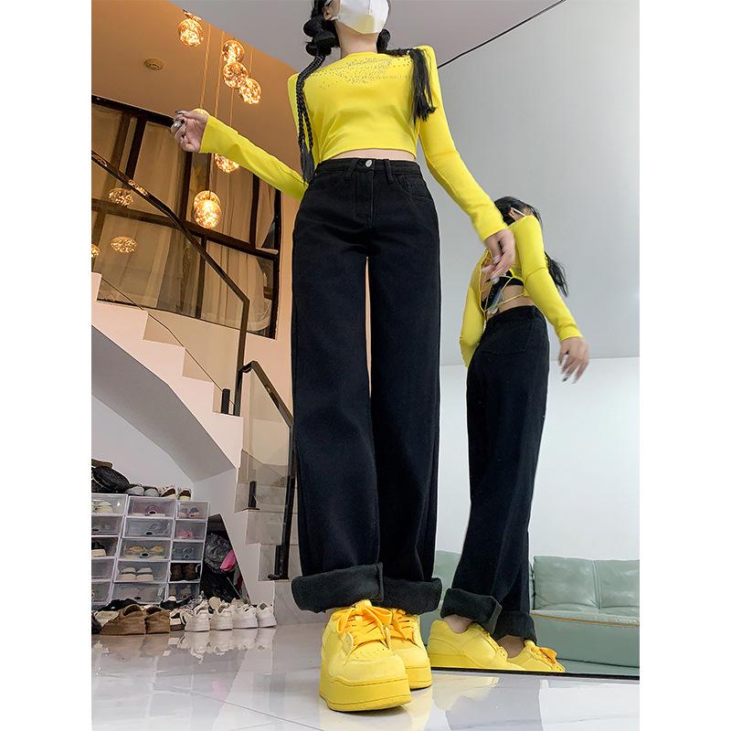 

Женские джинсы больших размеров на флисовой подкладке, зима 2024: Свободные, Стройнящие, Прямые и Широкие Брюки S