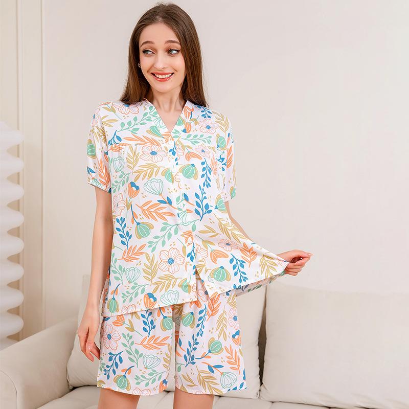 Summer women's cotton pajamas v-neck thin shorts short-sleeved two-piece comfortable loungewear