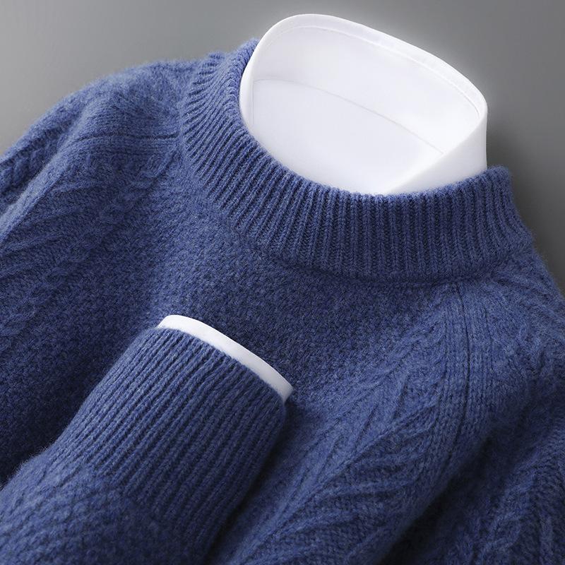 Men's Thick 100% Pure Wool Half-High Collar Knit Cashmere Pullover Sweater for Autumn and Winter