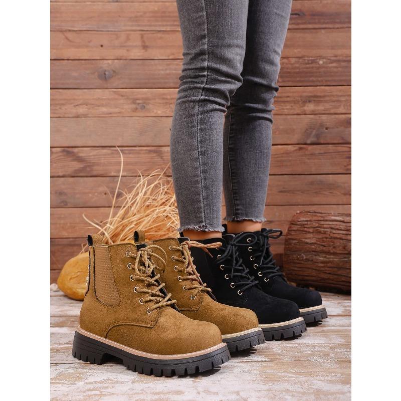 Round Toe Lace-up Muffin Suede Plus Size Booties 2025 Winter Thick Heel British Style Martin Boots for Women