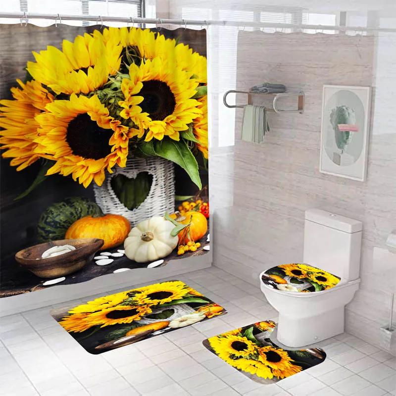 Modern Style Flower Durable Waterproof Shower Curtain Set Toilet Seat Cover Bath Nonslip Mat Rug Carpet Bathroom Decor Washable