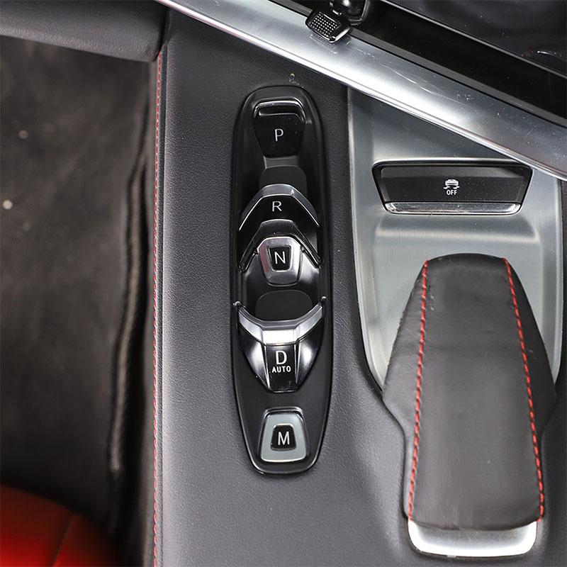 Pour Chevrolet Corvette C8 2020-2025 ABS Rouge/Fibre de Carbone/Noir Mat Autocollant Bouton de Levier de Vitesse de Console de Voiture Accessoires