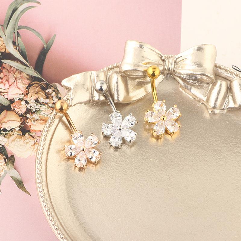Exquisite Zircon Stainless Steel Body Jewelry Flower Belly Button Rings Dangling