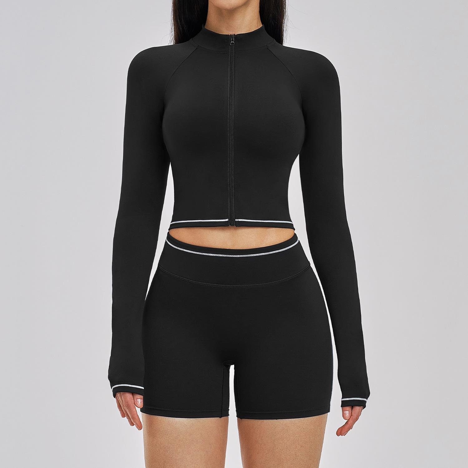 Color Block Bare Feel Yoga Set: Windproof Stand Collar Zipper Jacket for Outdoor Running & Fitness