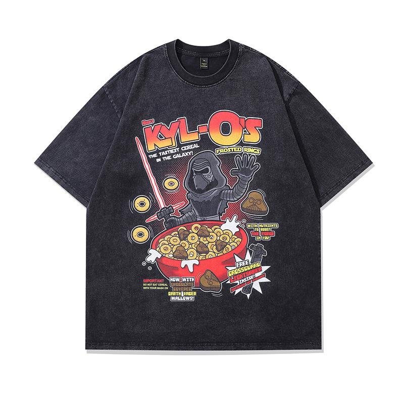 Harajuku Street Trendy Brand Vintage T-Shirt Dark Cartoon Print Washing Water Old Cotton Short-Sleeved T-Shirt Men'S Loose