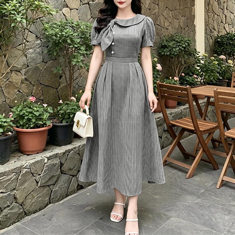 ZANZEA Women Casual Round Neck Grid Print Casual Short Sleeve Dress S чёрный