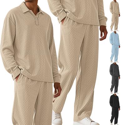 Herbst und Winter Herren einfarbig Jacquard-Struktur lässig Revers Pullover Langarm Hose Sportanzug