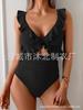 New one-piece swimsuit women's belly V-neck pleated swimsuit, thin hollow flying edge swimsuit