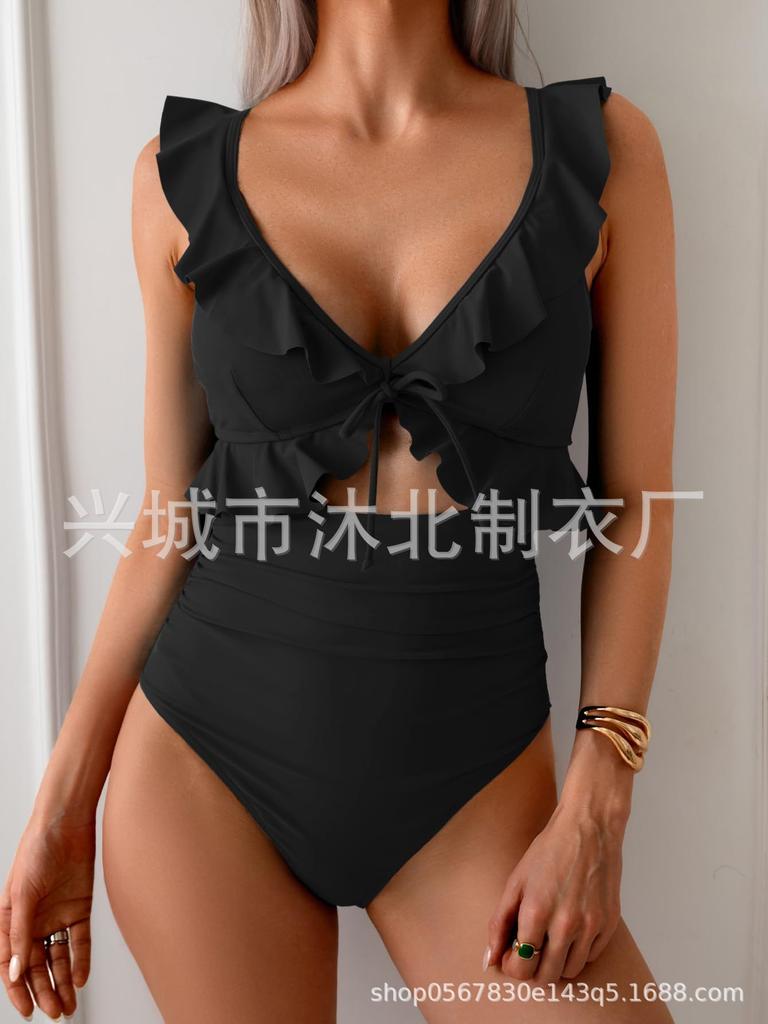 New one-piece swimsuit women's belly V-neck pleated swimsuit, thin hollow flying edge swimsuit
