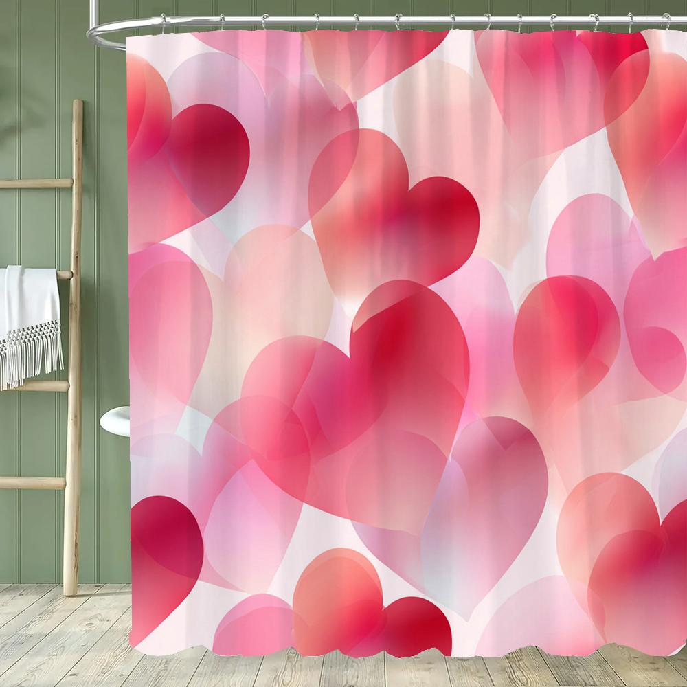Modern Red Love Pattern Shower Curtain,Lover Printed Polyester Fabric Decorative Bathroom Curtain, Home Curtain with Hooks