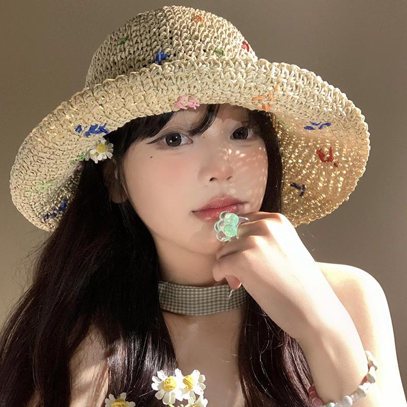 New Big-brimmed Colored Sunshade Straw Hat for Vacation Travel, Versatile Straw Weaving Sunscreen, Fashionable Seaside Beach Hat