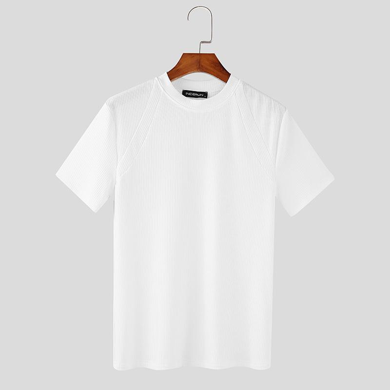 INCERUN Summer Men O Neck Short Sleeve Rib Casual Fitted T-shirts Tee Tops