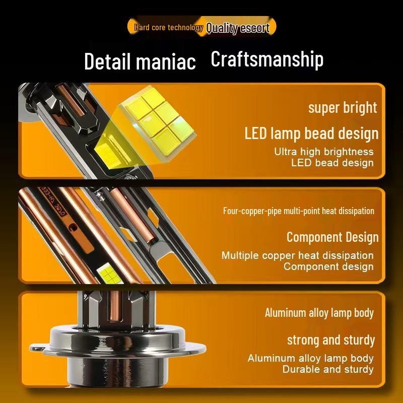 200W LED Car Headlight with Four Copper Tubes - H7/H1/H4/H11/9005/9012 High and Low Beam