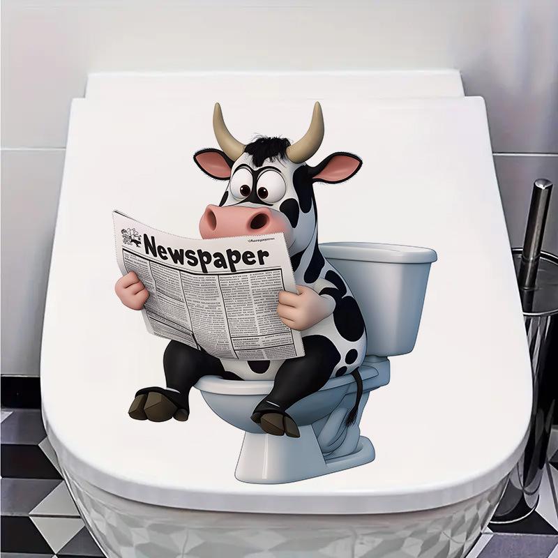 3D Funny Cow Reading Newspaper On Toilet Wall Sticker Self-Adhesive Waterproof Removable Bathroom Home Decor Art