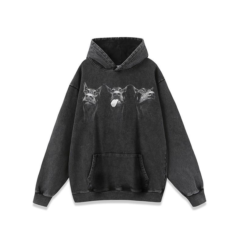 Mens Oversized Hooded Sweatshirt With Direct-to-Garment Dog Print Washed Vintage Style Cotton Long Sleeve Streetwear