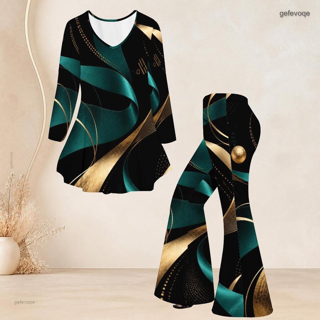 Damen Plus Size Zweiteiler V-Ausschnitt Langarm Bedrucktes Ausgestelltes Oberteil Ausgestellte Hose Schwarz Blau