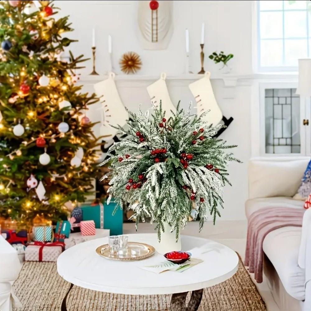 20PCS Plastic Christmas Pine Branches Realistic Decorative Artificial Pine Branches with Red Berries Snow-Capped