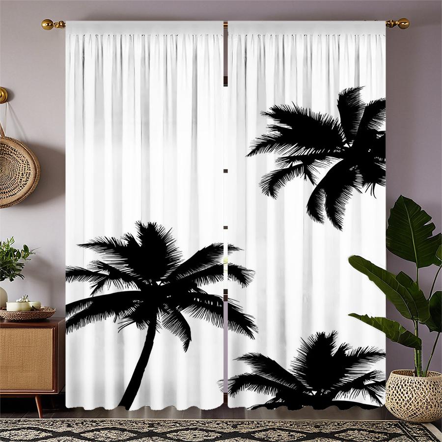 2 Stück - Schwarz-Weiß-Kokospalmen-Druck Vorhänge   Stangentaschenvorhänge   Weihnachtsdekorationen   Heimdekorationen   Raumdekoration
