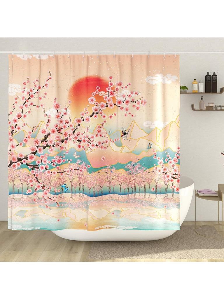 Japanese Shower Curtain Asian Art Mountain Shower Curtain Anime Cherry Blossom Shower Curtain Polyester 72X72 Inch