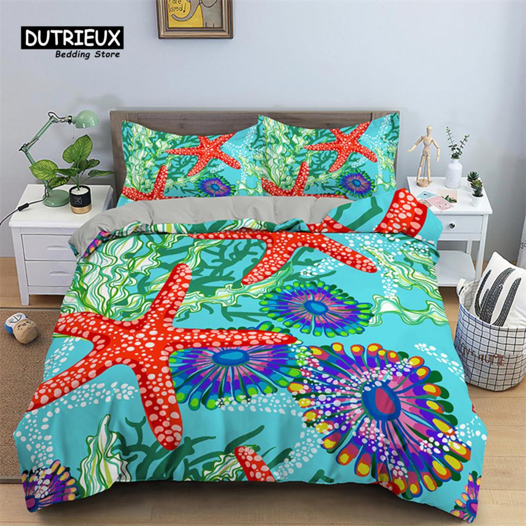 Cartoon Fish Dolphin Turtle Ocean Toddler Bedding Set For Kids Marine Themed Duvet Cover Microfiber Sea Creatures Quilt Cover