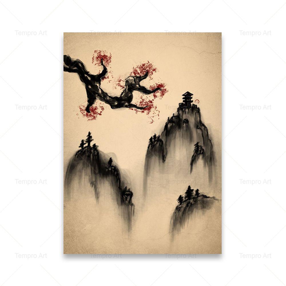 

Винтажная пейзажная живопись дзен с чернилами, японский горный постер, скандинавская картина на холсте, печать, настенная художественная картина, домашний декор для гостиной 21x30cm No Frame