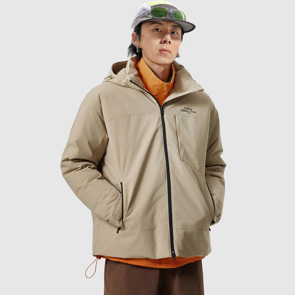 Li-Ning Hot Pot Down Jacket Series Solid Color Removable Hood Short Zipper Long Sleeve Down Jacket Men Outerwear Brown AYMV779-4