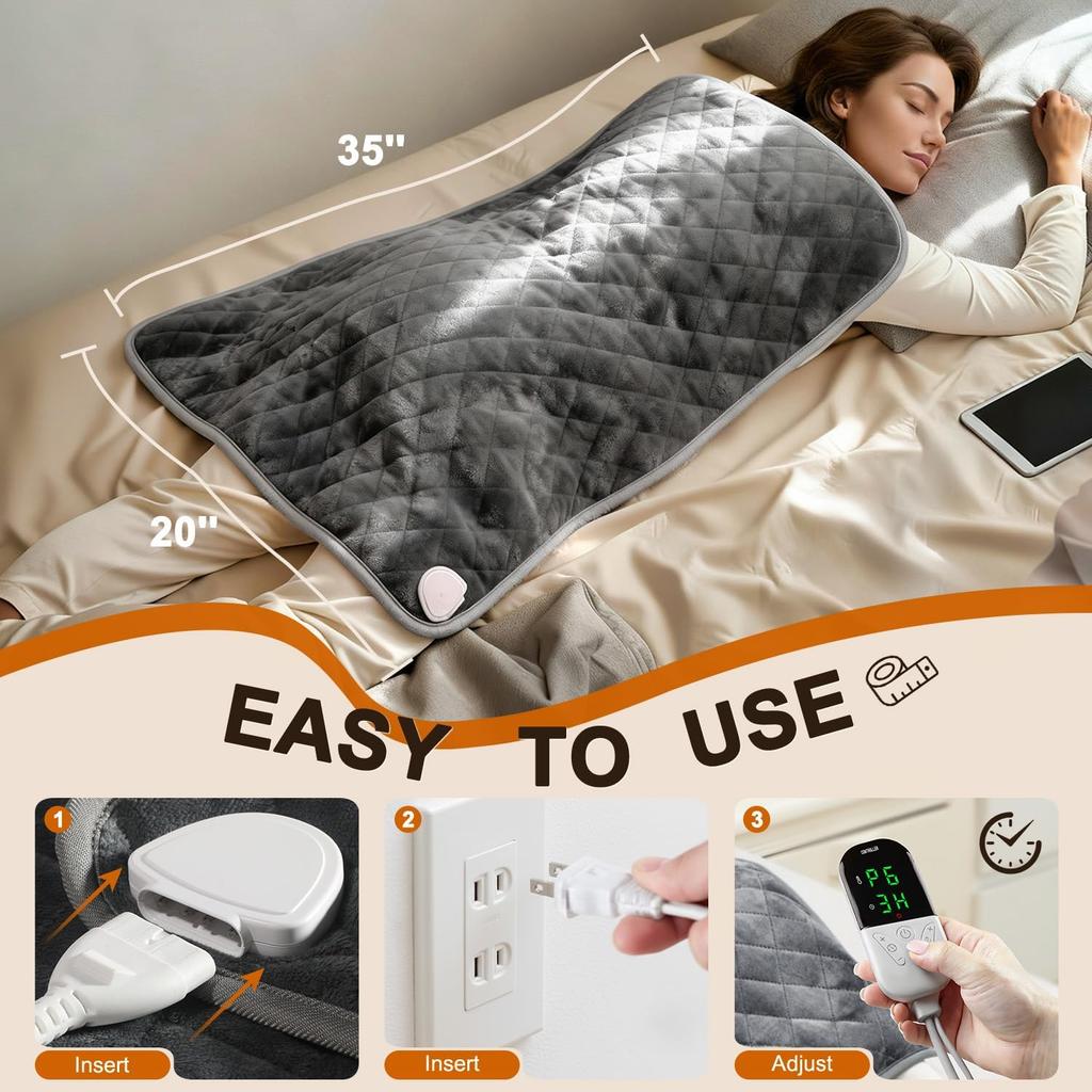 Heating Pad for Back Pain & Period Cramps - XL 35"x20" Electric Heating Pads for Neck, Shoulder and Full Body Relief, Moist and Dry Heat, Soft