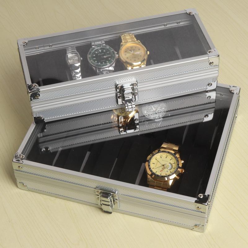 Handige Aluminium Horlogedoos 12 Vakken Sieraden Horloges Display Opbergdoos Vierkante Koffer Suede Binnenkant Rechthoekige Horlogehouder