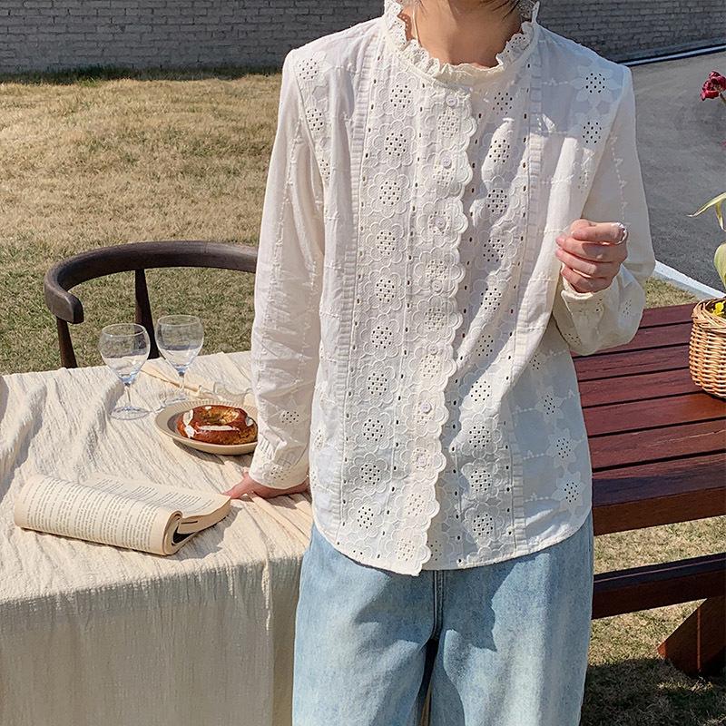 

Женская новая весенняя блузка из хлопка цвета абрикосового сахара с французским кружевным воротником XXL