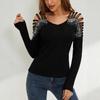 Trim Patchwork Heavy Duty Rhinestone V Neck Hollow Out Long Sleeve T Shirt Women's Top Fashion Daily Basic Casual Slim Fit Ladies Elegant Top