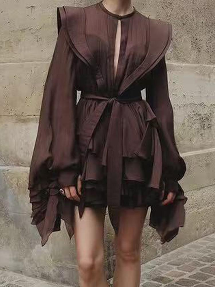 Elegant French Retro Ruffle Dress with Belt & Lantern Sleeves