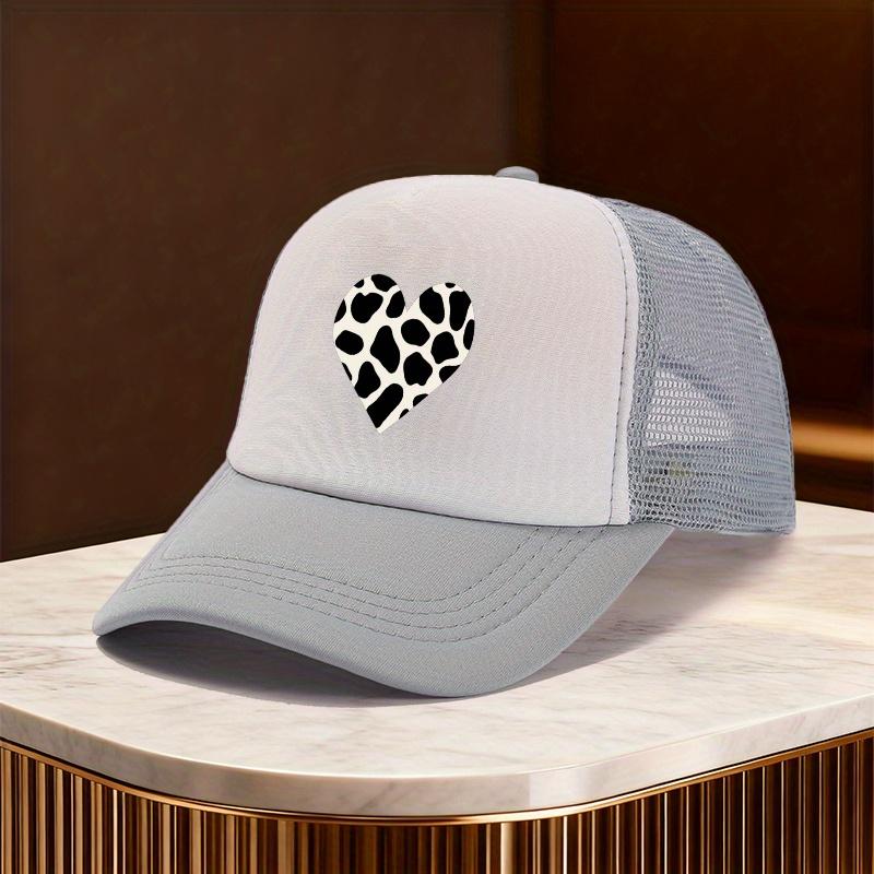 Cow Print Heart Mesh Trucker Hat Polyester Casual Unisex Snapback Adjustable Cap