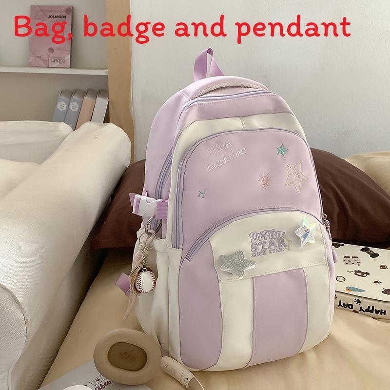 Blocked Letters Color Star Embroidery Pattern Student Backpack With Pendant