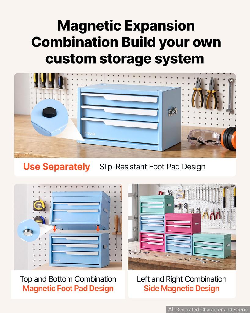 VEVOR Steel Tool Box with 3 Drawers Portable Metal Toolbox Heavy Duty Blue, for Garage Workshop Repair Shop Workbench, Magnetic Design