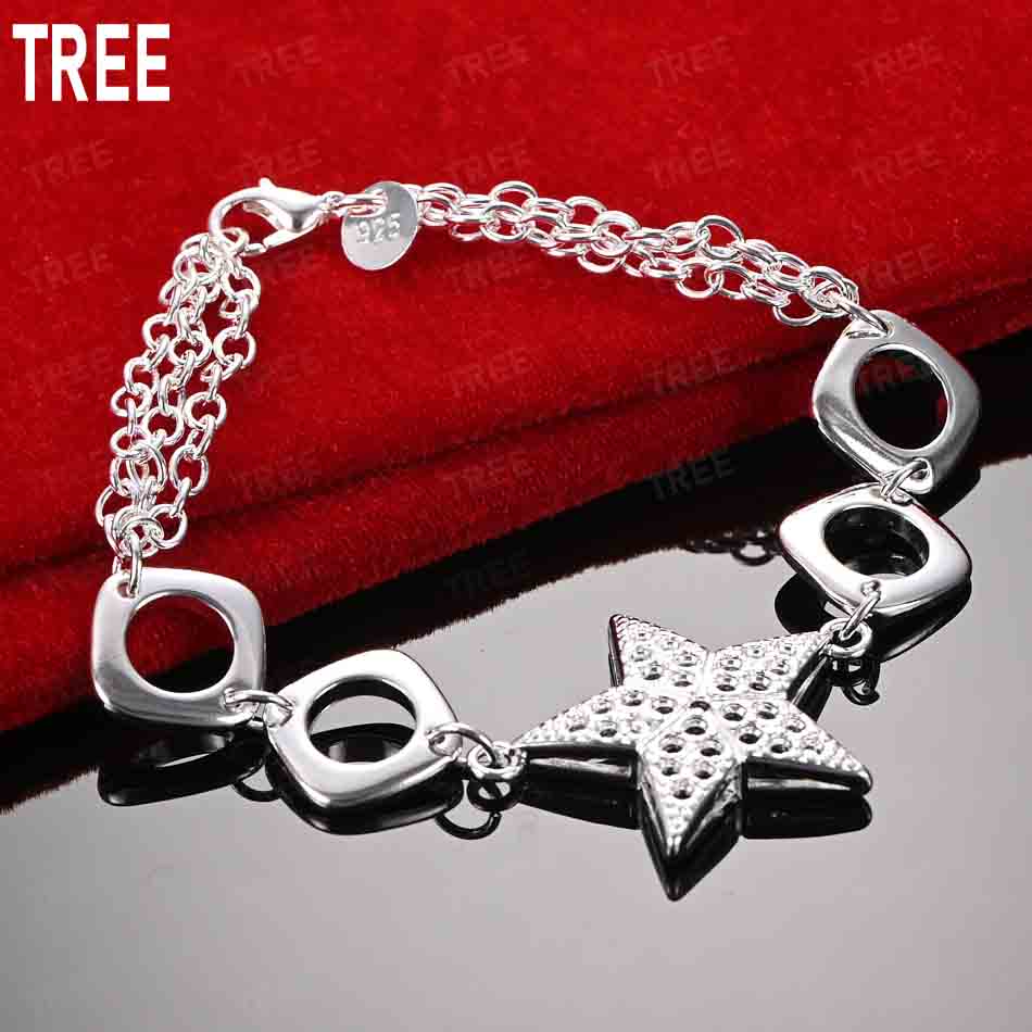 925 Sterling Silver Openwork Five-Pointed Star Side Chain Exquisite Bracelet Gift Jewelry 20CM