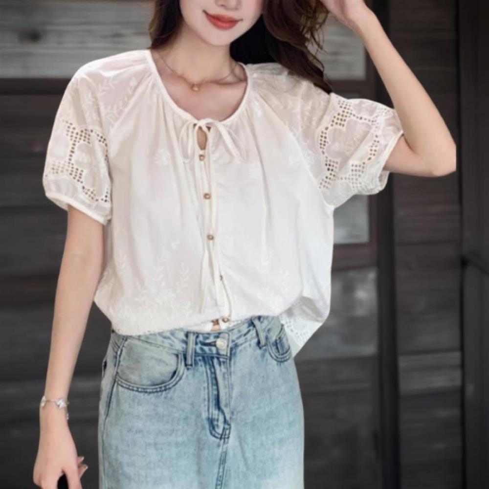 New Arrivals Open Run Women Ivory Ribbon Decoration Flower Embroidery Short Slee